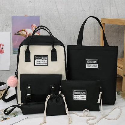 5 pcs sets canvas School Bags For Teenage Girls Women New Trend Female Backpack Nylon Women Backpack Child Student Shoulder Bag