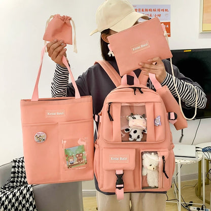 5-piece Fashion Women's Backpack Pure Color Cute Cartoon Student School Bag Canvas Large Capacity Lightweight Travel Backpacks