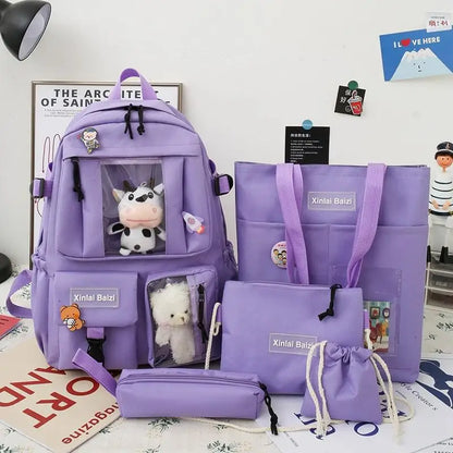 5-piece Fashion Women's Backpack Pure Color Cute Cartoon Student School Bag Canvas Large Capacity Lightweight Travel Backpacks