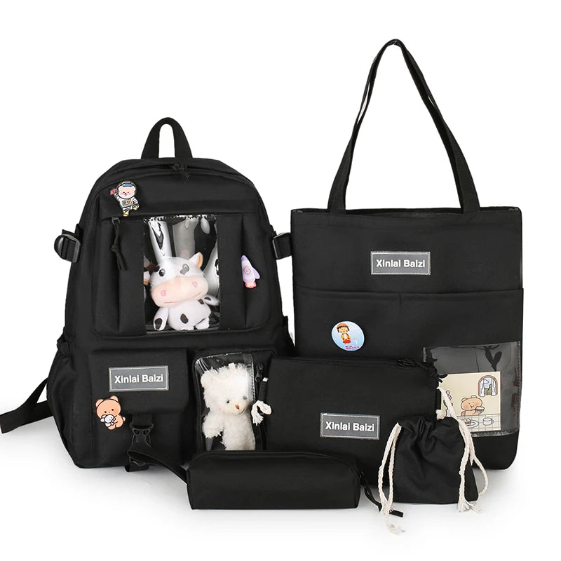 5-piece Fashion Women's Backpack Pure Color Cute Cartoon Student School Bag Canvas Large Capacity Lightweight Travel Backpacks