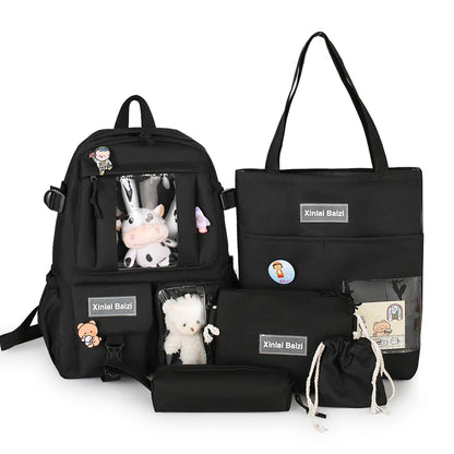 5-piece Fashion Women's Backpack Pure Color Cute Cartoon Student School Bag Canvas Large Capacity Lightweight Travel Backpacks