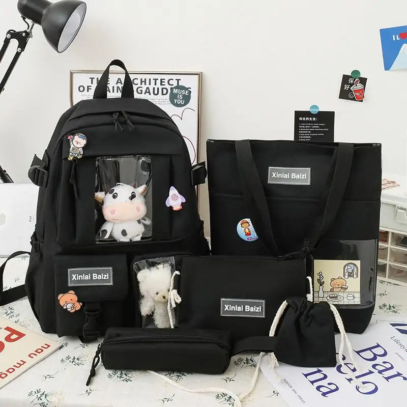5-piece Fashion Women's Backpack Pure Color Cute Cartoon Student School Bag Canvas Large Capacity Lightweight Travel Backpacks