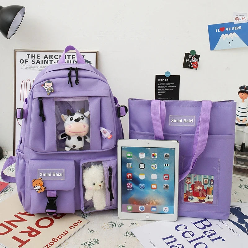 5-piece Fashion Women's Backpack Pure Color Cute Cartoon Student School Bag Canvas Large Capacity Lightweight Travel Backpacks