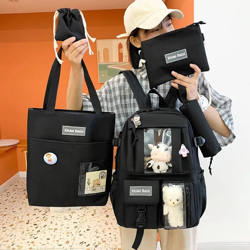 5-piece Fashion Women's Backpack Pure Color Cute Cartoon Student School Bag Canvas Large Capacity Lightweight Travel Backpacks