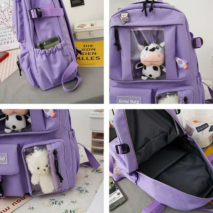 5-piece Fashion Women's Backpack Pure Color Cute Cartoon Student School Bag Canvas Large Capacity Lightweight Travel Backpacks