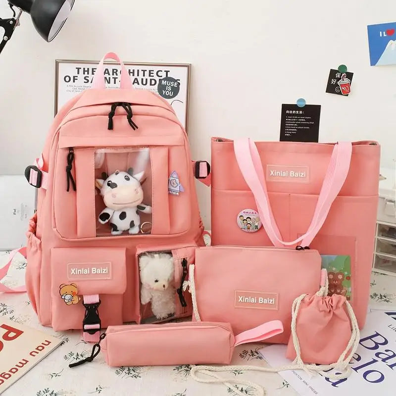 5-piece Fashion Women's Backpack Pure Color Cute Cartoon Student School Bag Canvas Large Capacity Lightweight Travel Backpacks