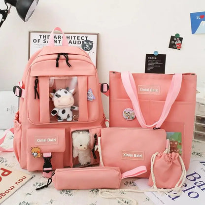 5-piece Fashion Women's Backpack Pure Color Cute Cartoon Student School Bag Canvas Large Capacity Lightweight Travel Backpacks