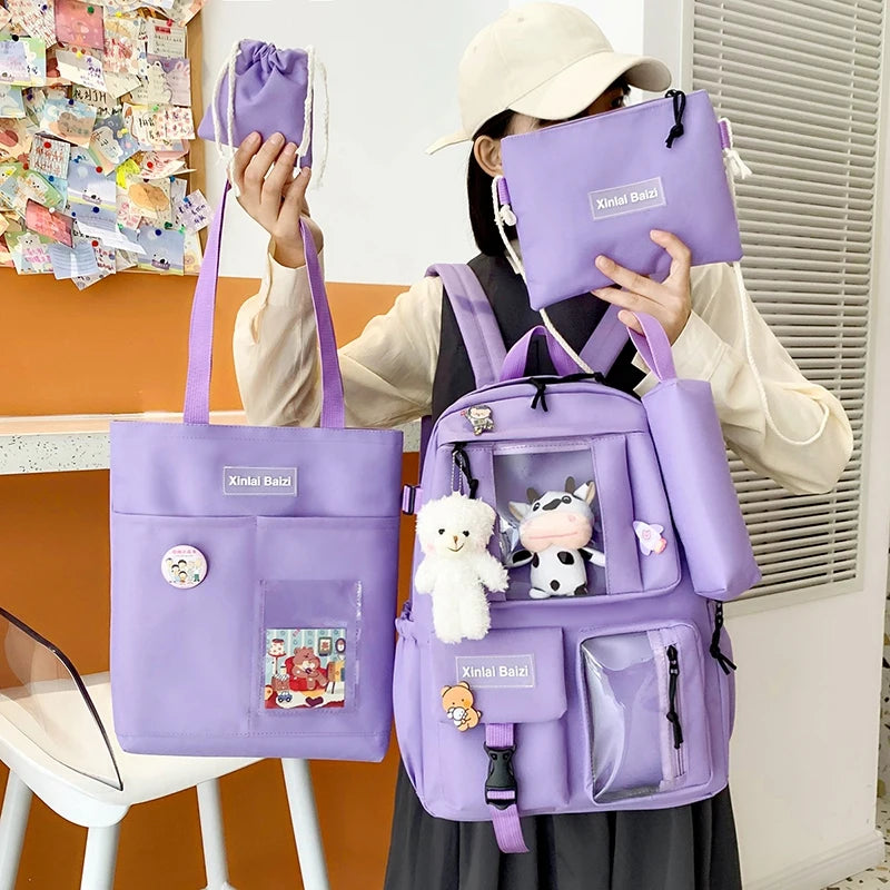 5-piece Fashion Women's Backpack Pure Color Cute Cartoon Student School Bag Canvas Large Capacity Lightweight Travel Backpacks