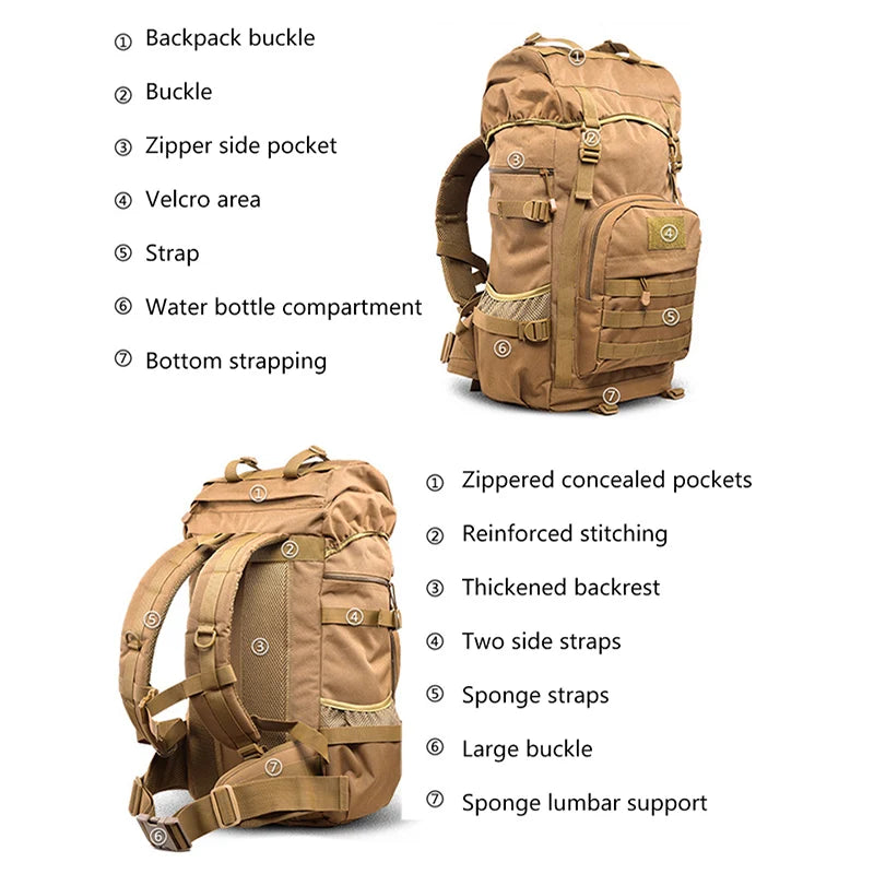 50 Liters Military Tactics Backpack Large Capacity for Men Nylon Army Bag Climbing Hiking Travel Bag Mochila Camouflage Backpack