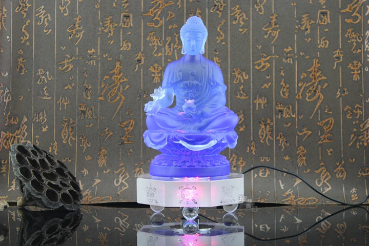 $500--TOP grade GOOD Buddha -bless family HOME Safety Health-Retro Medicine Guru Buddha Colored Glaze crystal Buddha statue