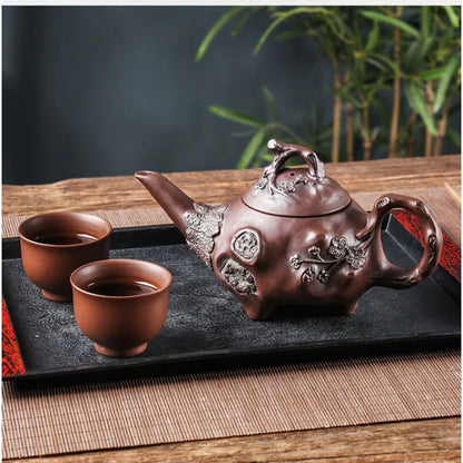 500ML Yixing Purple Clay Pot Shaped Teapot Long Beaked Pot Filtration Purple Clay Vermicelli Teapot Kung Fu Tea Set