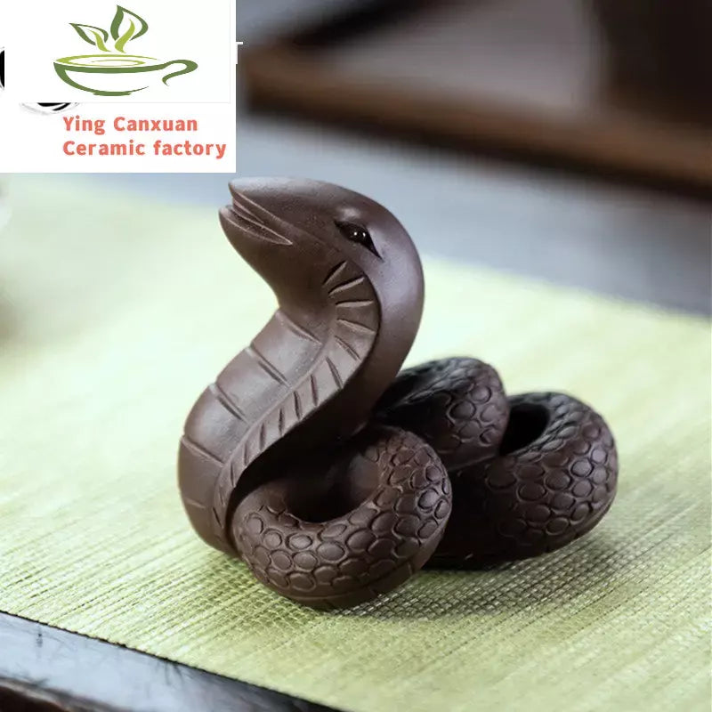 Chinese Yixing Purple Clay Tea Pet Handmade Zodiac Cobra Statue Sculpture Ornaments Tea Figurine Crafts Home Tea Set Decoration
