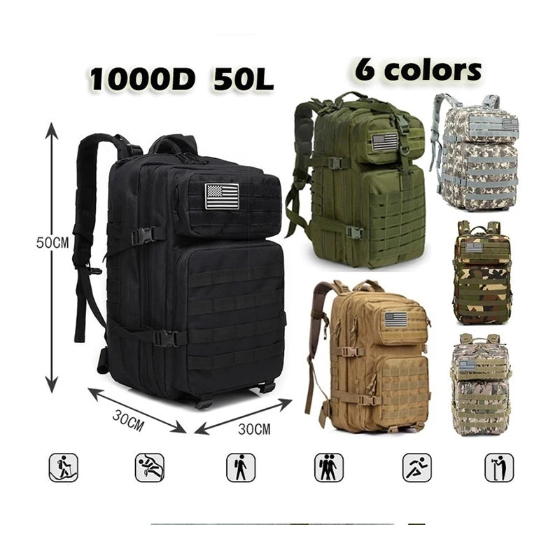 50L 1000D Nylon Waterproof Trekking Fishing Hunting Bag Backpack Outdoor Military Rucksacks Tactical Sports Camping Hiking