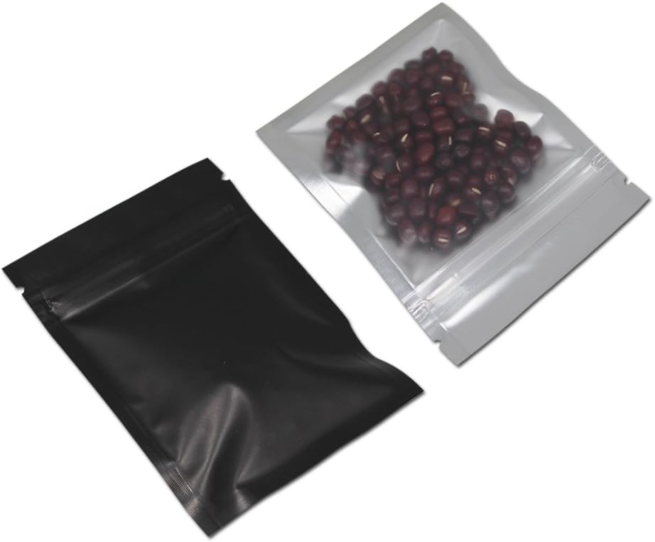 FERENLI Mylar Zipper Bags Matte Black Aluminum Foil Front Plastic Food Storage Package Pouch with Tear Notch Coffee Beans for Zip Heat Sealable Lock Storage (200, 12x18cm (4.7x7.1 inch))