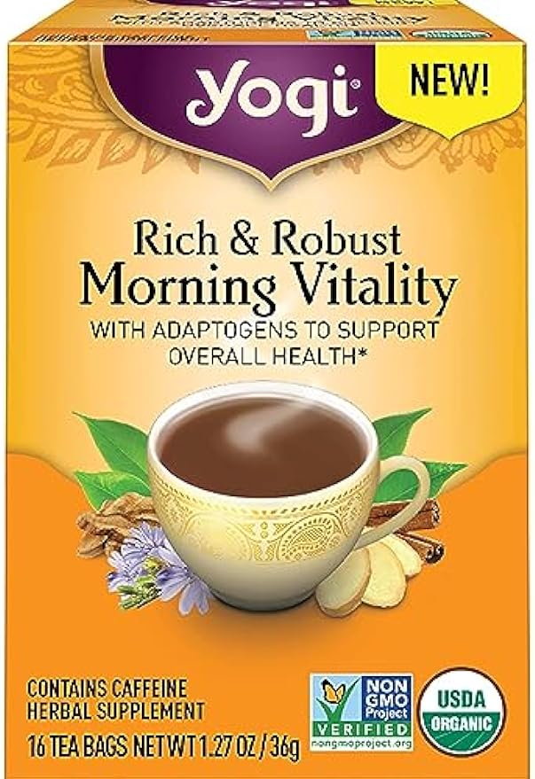 Yogi Tea Rich & Robust Morning Vitality Tea - 16 Tea Bags per Pack (4 Packs) - Organic Adaptogen Tea Perfect for the Morning - Includes Puerh Tea Leaf, Roasted Chicory Root, Cinnamon Bark & More