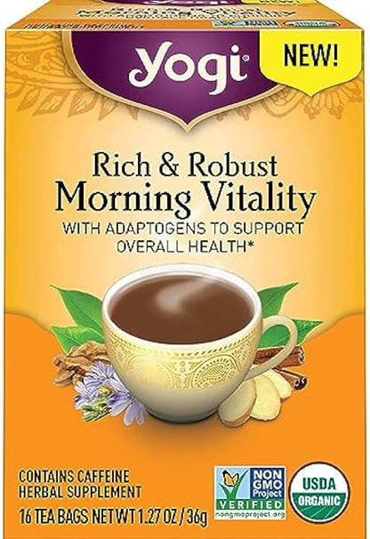 Yogi Tea Rich & Robust Morning Vitality Tea - 16 Tea Bags per Pack (4 Packs) - Organic Adaptogen Tea Perfect for the Morning - Includes Puerh Tea Leaf, Roasted Chicory Root, Cinnamon Bark & More