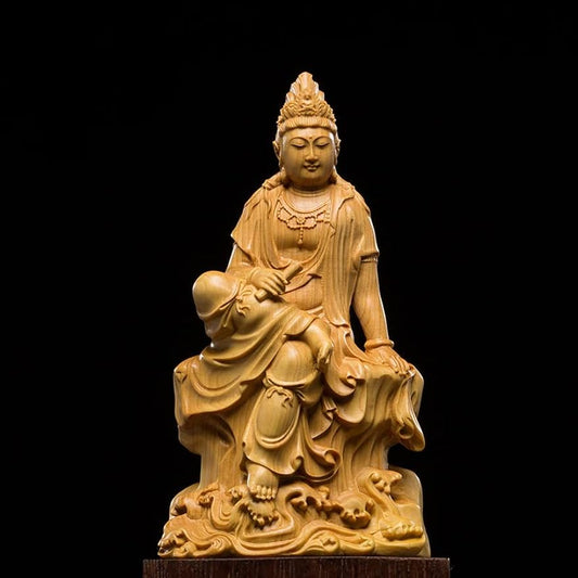 HASMI Lucky 13.5CM Scripture Guanyin Exquisite Carving Buddha Statue of Craft Guanyin Feng Shui Decoration Wood Home Decoration