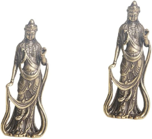 HOMSFOU 2pcs Brass Buddha Brass Figurine Blessing Auspicious Statue Feng Shui Statue Female Buddha Statue Home Worship Ornaments Guan Yin Figurine Zen Meditating Statue Desk Guan Yu