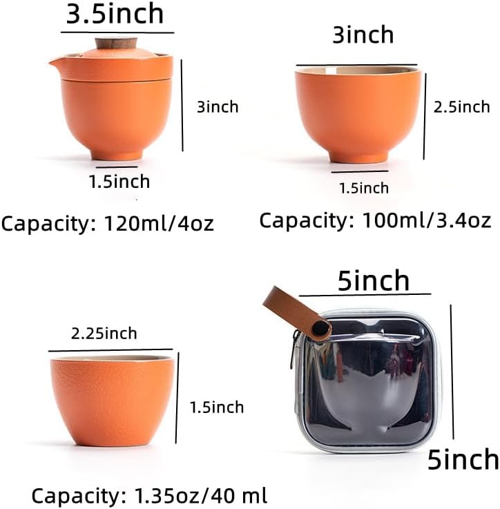 Rikyo Handmade Ceramic Asian Tea Set,Kungfu Tea Sets, Portable Sake Cup for Adult,1 Pot 3 Cups Porcelain Teacups with Tea Infuser Bag for Outdoor and Tea Maker (3.4oz / 100 ml) (Black)