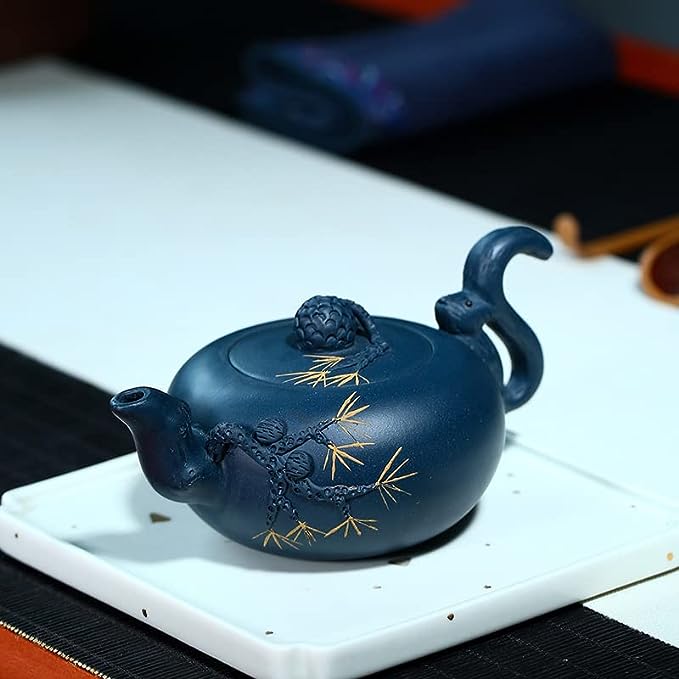 Teapot Chinese Yixing Clay Azure Zisha Pots 8oz Gongfu Tea Handmade Carved Unique Squirrel Grape