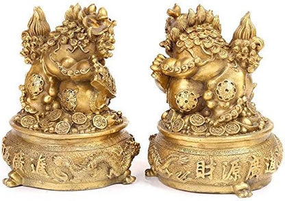 Large Size Wealth Porsperity Brass Pair of Fu Foo Dogs Guardian Lion with Treasure Basin Statues,Best Housewarming Congratulatory Gift to Ward Off Evil Energy,Feng Shui Décor