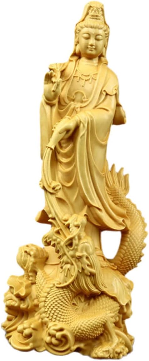 VOSAREA Wooden Guanyin Quan Statue Small Guan Sculpture Fengshui Buddha Statues Goddess of Compassion and Mercy Figurine Zen Garden Chinese Feng Shui Woodsy Decor Wood Carving at Home