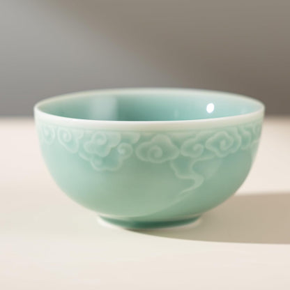SILINE 4.5" Green Porcelain Bowls Set of 2,Genuine Longquan Celadon 9.8 Oz Rice Bowls