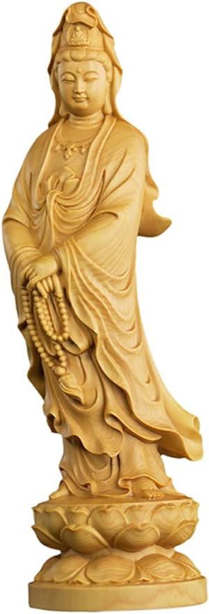 OLOTU 21cm Solid Wood Lotus Statue of Guanyin Modern Art Sculpture Home Feng Shui Decoration Guanyin Bodhisattva Gift Buddha Statue