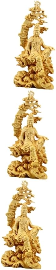 HOMSFOU 3pcs Wooden Guanyin Chinese Goddess Statue Wood Guanyin Statue Feng Shui Sculpture Blessing Sitting Meditating Figurines Kuan Statue Car Trim Temple Decoration Guan Yu Water Moon