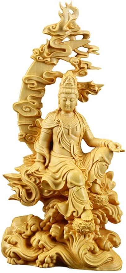 Guanyin Statue Wood Guanyin Buddha Figurine Wooden Temple Feng Shui Kwan Yin Ornament for Housewarming Gifts Home Office