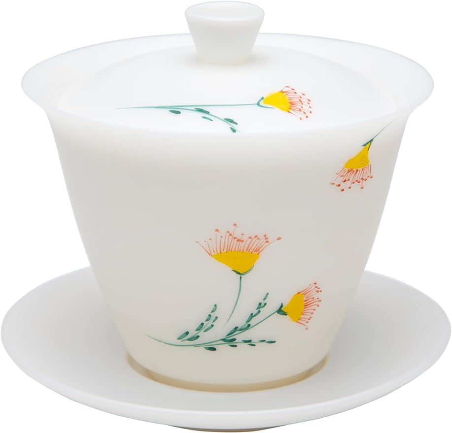 SILINE Ice Jade White Porcelain Gaiwan Set,Thin/Unglazed/Translucent/Hand-Painted China Gongfu Tea Cup Set -ChuJu