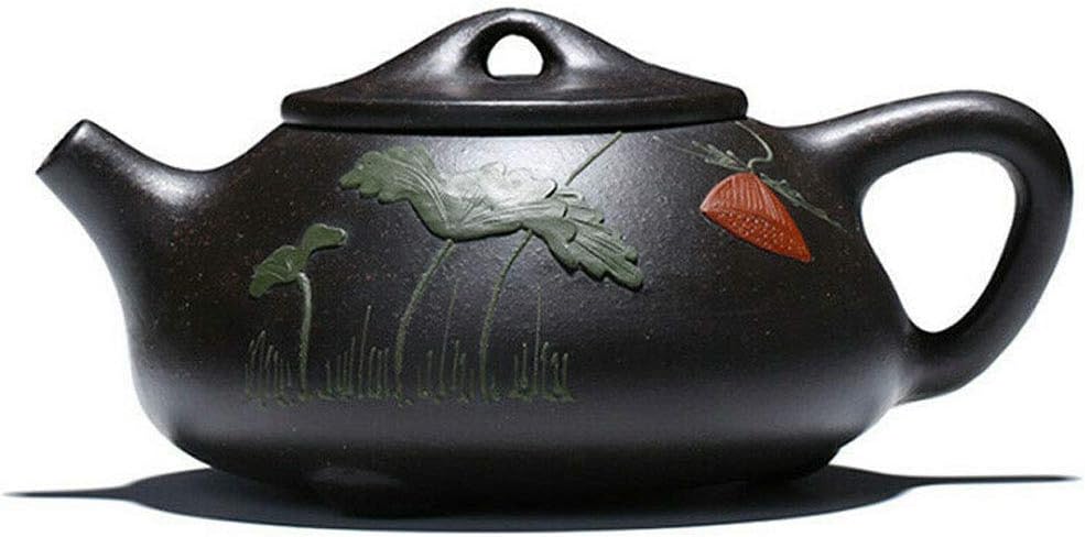 Yxhupot Teapot 8oz Chinese Yixing Genuine Black Clay Zisha Shipiao Pot Infusers Loose Tea (embossed flower)