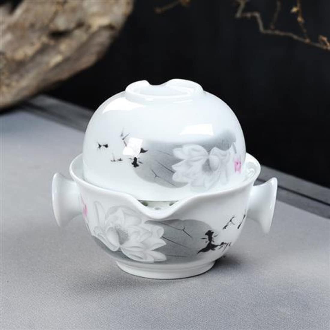 Liang baobao Convenient Teapot Cup Porcelain Teacup White Glazed Travel tea set (Lotus)