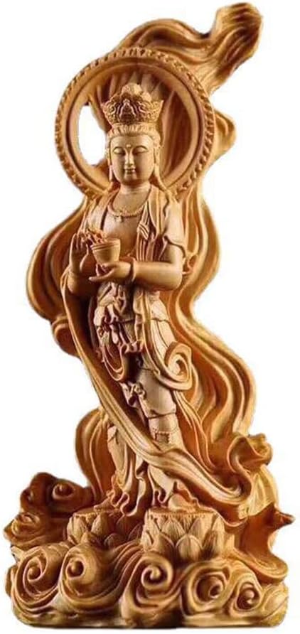 CFLNYC Home Decor Wood Cypress Guanyin Statue Hand Carved Modern Chinese Buddha Statue Home Living Room Feng Shui Decor Guanyin Statue