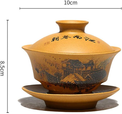 MULHUE Hand-painted yixing tea cup，Chinese Traditional Teaware Zisha Porcelain Gaiwan Kungfu Tea bowl with Lid and Saucer-135ml/4.6oz