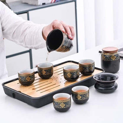 fanquare Chinese Gold Ceramic Kungfu Tea Set, Japanese Travel Tea Set with Tray, Portable Bag, Black Teapot, Tea Strainer