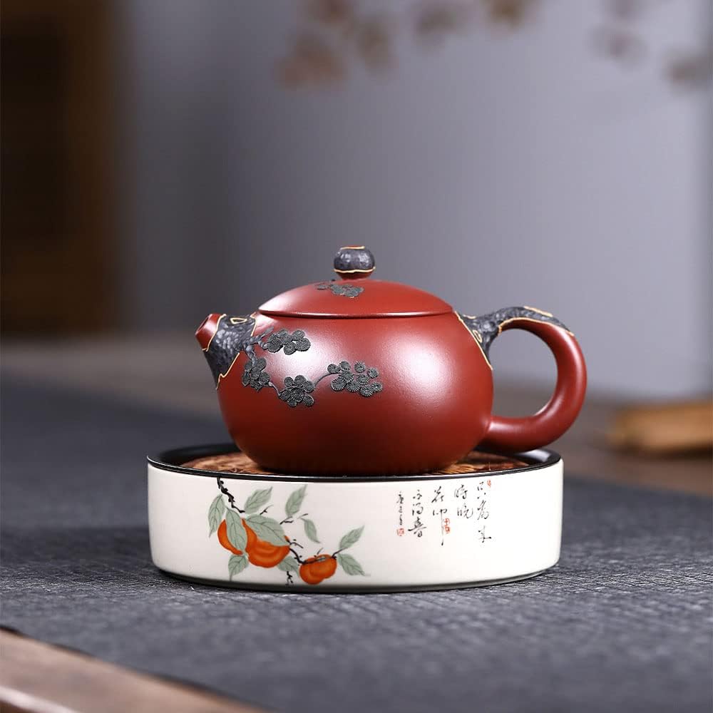 Genuine Yixing Purple Clay Hand Painted Pine Tree Xi Shi Teapot, Handmade Da Hong Pao Zisha Teapot, 250 ml (8.5 oz), Made By Master Jiang Li Ming (姜礼明)