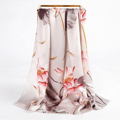RAN Winter Warm Scarfs Silk Scarf for Women, Luxury Long Pure Satin Pattern Scarfs Large Shawls Wraps, Lotus Pattern (Color : Beige, Size : 67.7" x 20.9")