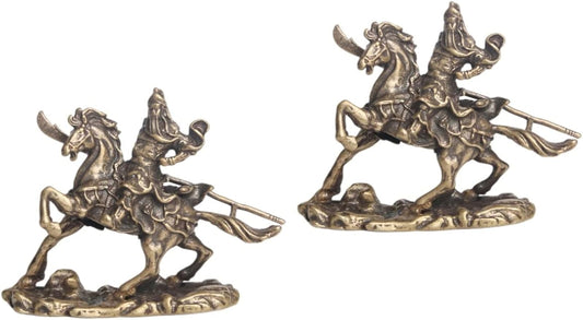 Hoement 2pcs Bronze Ware of Guan Yu on Horseback Antique Brass Statue Lucky Feng Shui Home Desk Decoration Brass Horse Figurine Guan Yu Brass Statue Shen Statue God Pure Brass Bronze Horse