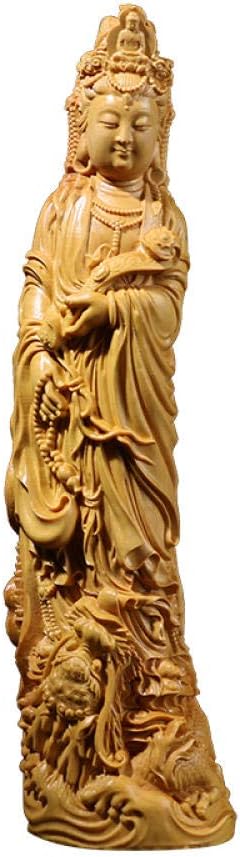FENGWXINW Statue Ornaments Sculptures Boxwood Solid Wood Carving Ruyi Dragon Guanyin Sculpture Home Decor