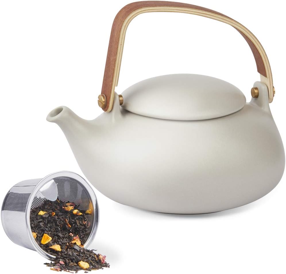 ZENS Ceramic Teapot with Infuser, Bentwood Handle Loose Leaf Japanese Tea Set, 27 Ounce Matte White Tea Pot with 4 Cups & Rattan Coasters for Women Gift