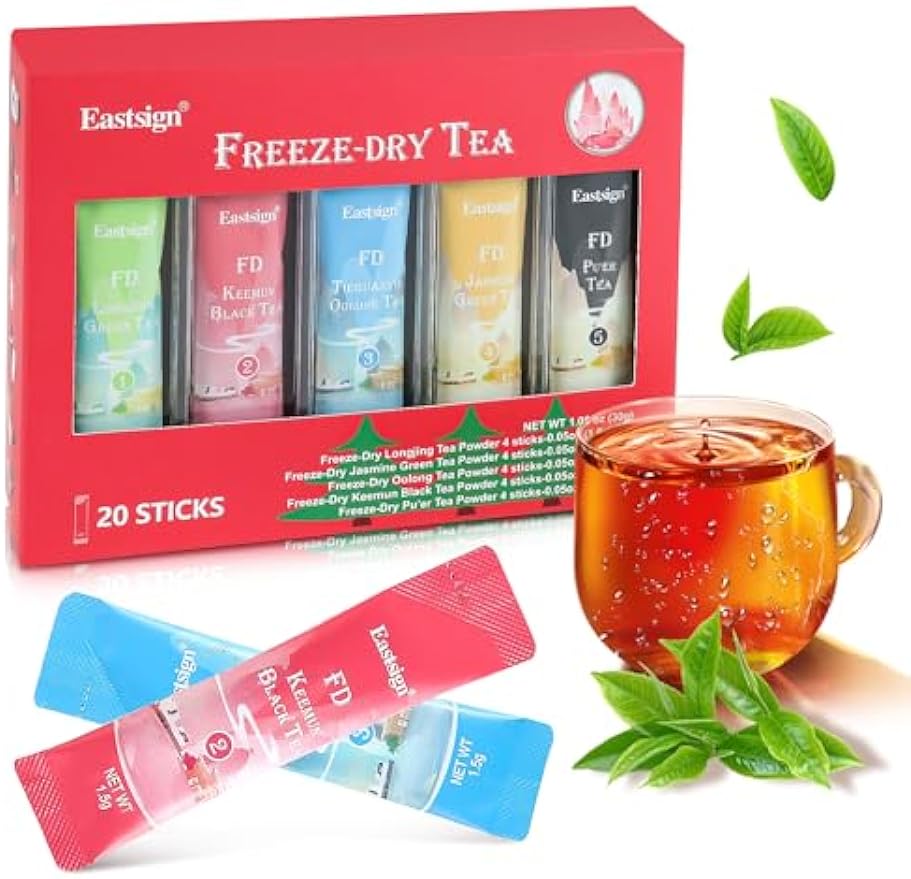 Eastsign Instant Tea Powder, 20 Count, Instant Hot/Iced Tea 5 Flavor Variety, Jasmine Green Tea, Longjing Tea, Oolong Tea, Keemun Black Tea, Puer Tea, Gifts for Christmas