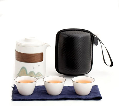 Japanese Travel Tea Set With Handbag/Case, Ceramic Mountain Teapot With Infuser and Three Gongfu/Kungfu Tea Cups, Japanese Wood Handle, Portable Travel Bag (White)