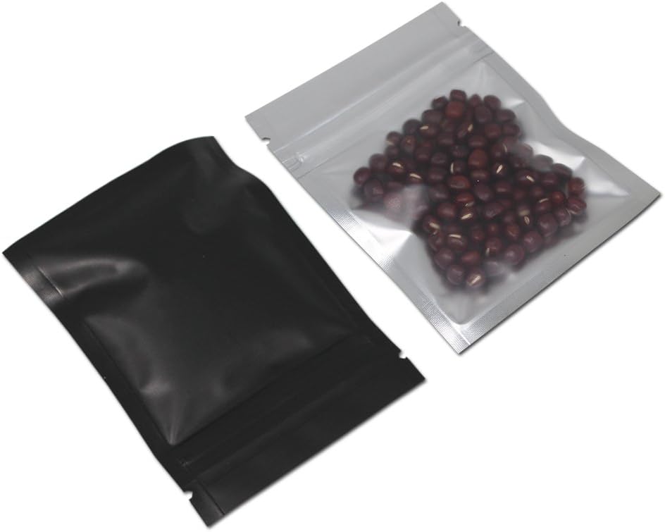 FERENLI Mylar Zipper Bags Matte Black Aluminum Foil Front Plastic Food Storage Package Pouch with Tear Notch Coffee Beans for Zip Heat Sealable Lock Storage (200, 12x18cm (4.7x7.1 inch))