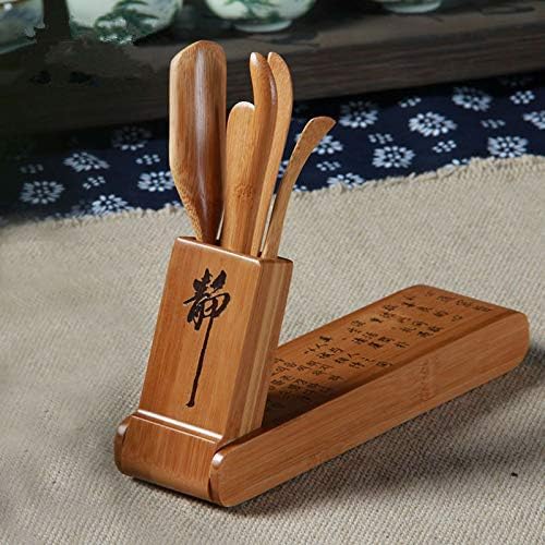 Chinese Foldable Cha Dao Set Bamboo Gongfu Tea Utensils 5 Pieces, Bamboo Kungfu Teaware Tea Needle Tea Spoon Tea Scoop Tea Clip Folding Tool Box Set