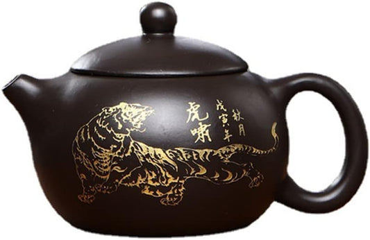 Xishi Teapot 7oz Chinese Clay Pot Ceramics Zisha Black Mud Kungfu Tea Set Gold Tiger