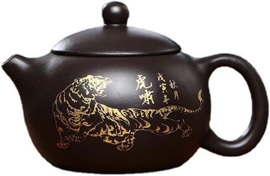 Xishi Teapot 7oz Chinese Clay Pot Ceramics Zisha Black Mud Kungfu Tea Set Gold Tiger