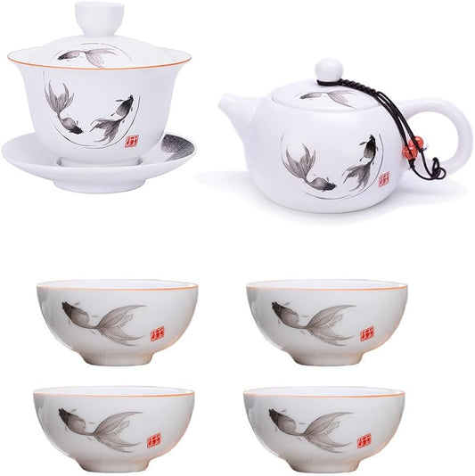 Porcelain Teapot Gaiwan with 4 cups Set，Chinese Feng Shui Ink Painting Fish Gongfu Tea Set