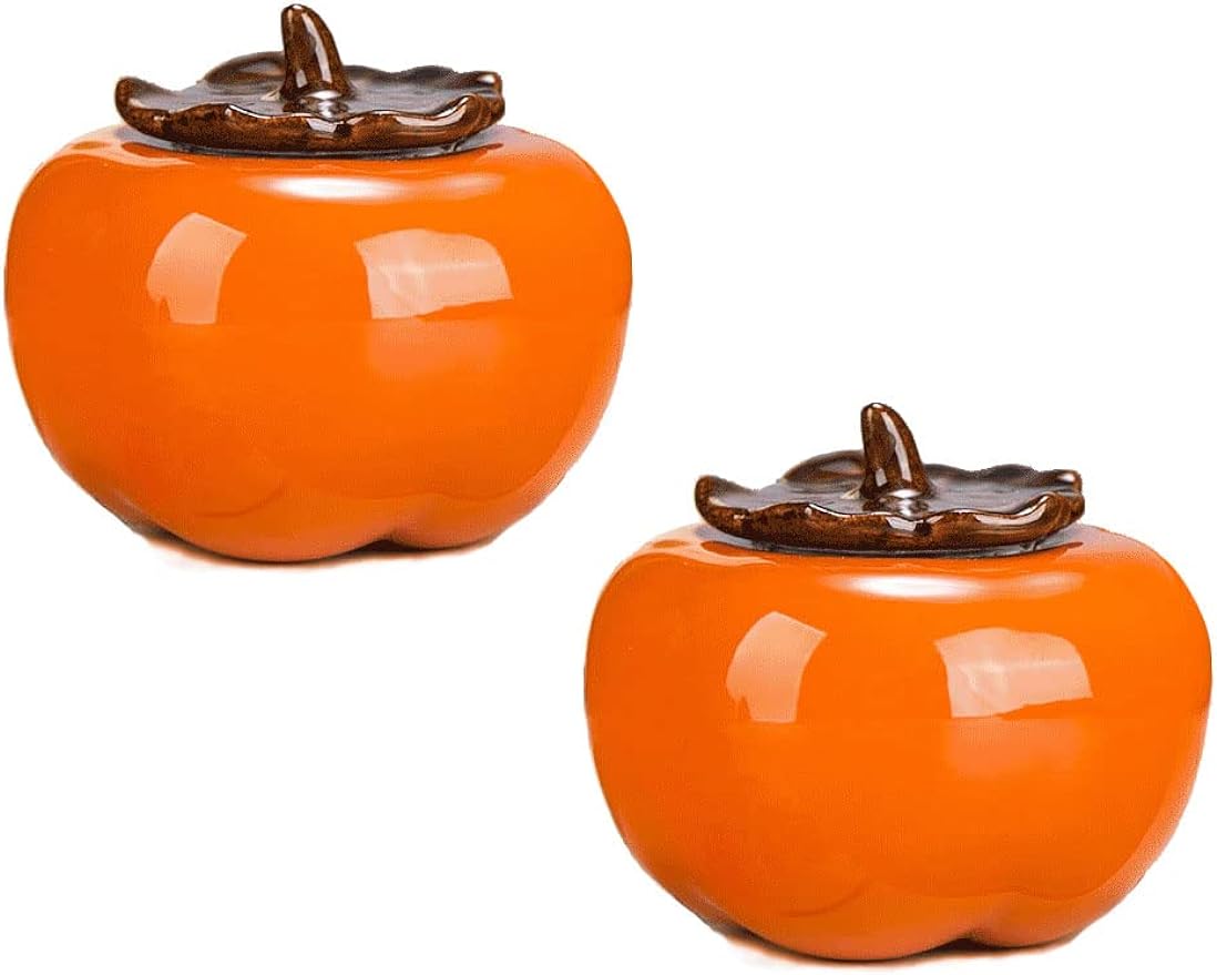 Liang baobao 2pcs Mini Tea Storage Containers ceramic jars with lids persimmon Jar container Orange Ornament for Tea Coffee Food Herb Candy Chocolate Sugar Spices (persimmon)
