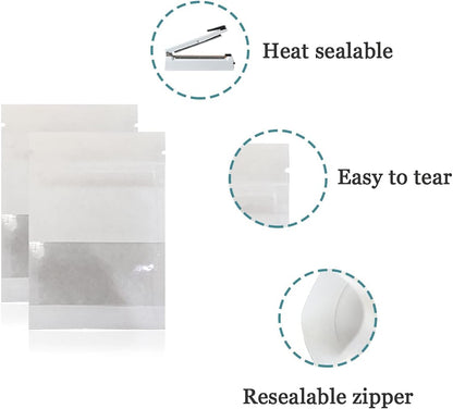 FERENLI 100Pcs Kraft Paper Window Bags Smell Proof Food Storage Pouch Flat for Zip Resealable Lock Candy Coffee Beans Packaging Bag with Tear Notches (7x9cm (2.8x3.5 inch), White)